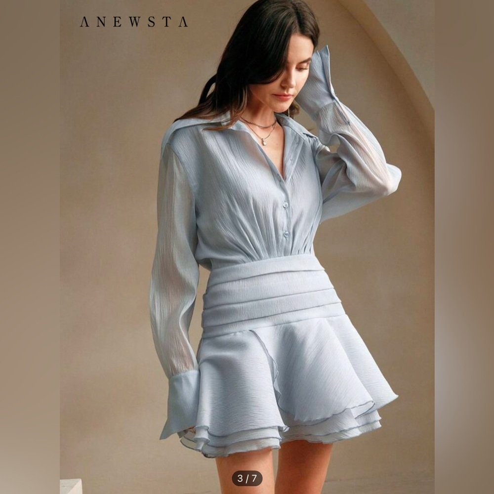 Anewsta Button Down Long Sleeve Ruffled Dress With Waist Cinching Organza